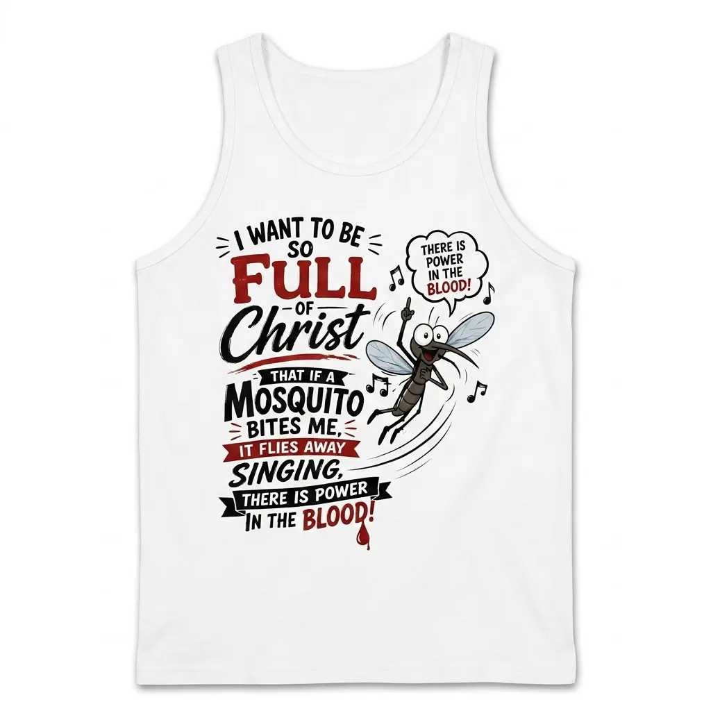 White tank top showcasing the Christian mosquito design. A cartoon mosquito sings 'Power in the Blood!' after biting, illustrating the 'Full of Christ' joke.