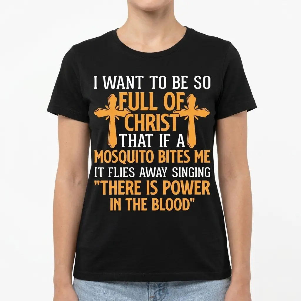 Detailed view of humorous Christian text on a black T-shirt.