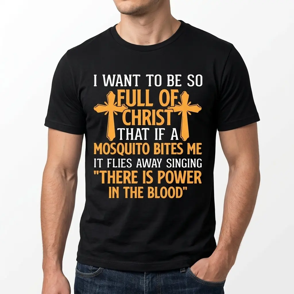 Christian quote T-shirt with cross design and mosquito humor.