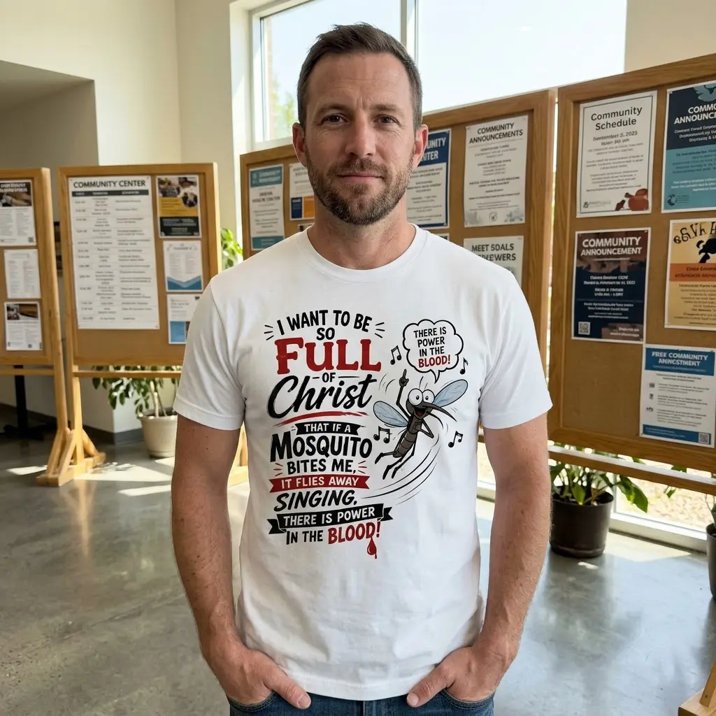 Humorous Christian design with a cartoon mosquito singing 'There is Power in the Blood!' displayed on a piece of apparel, perfect for faith-based humor.