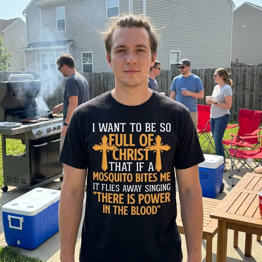 Person wearing a funny Christian shirt with mosquito themed joke.