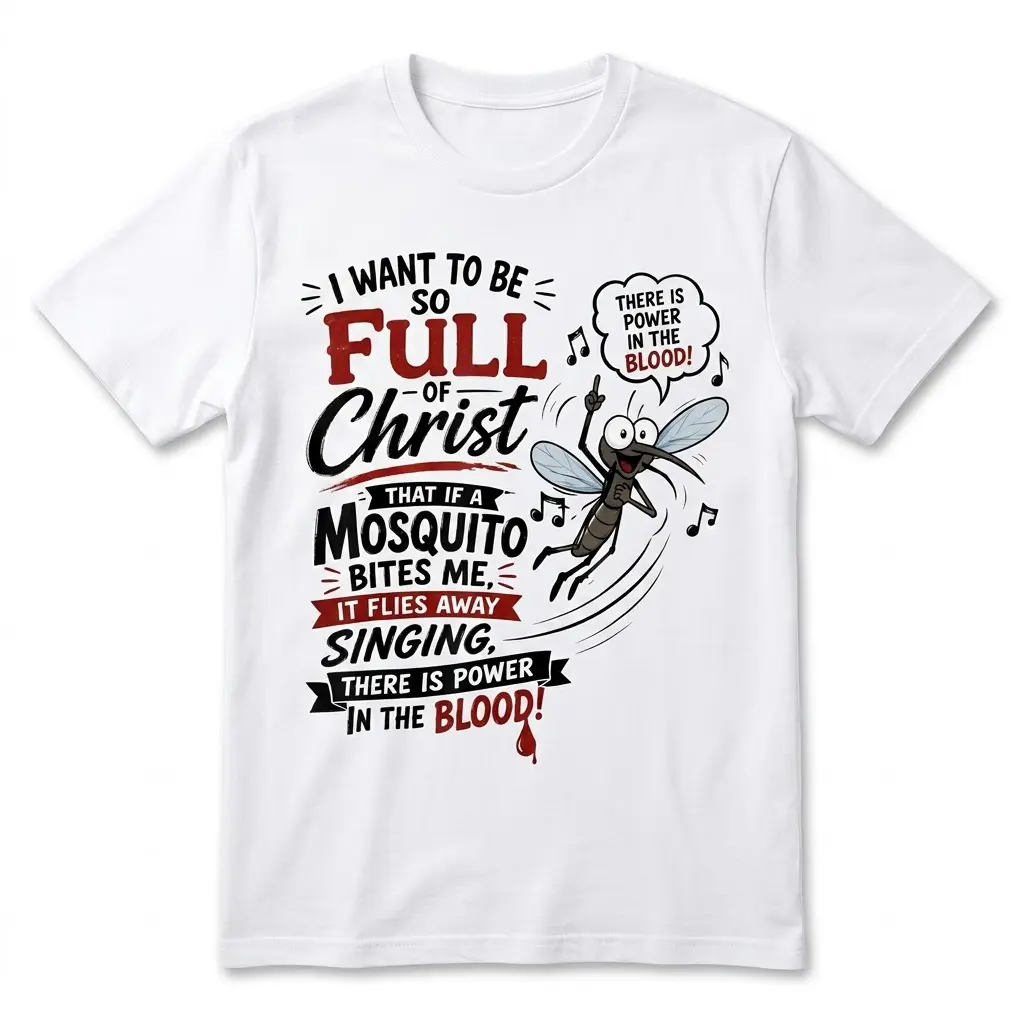 White t-shirt with the 'Full of Christ' mosquito design. A cartoon mosquito sings 'Power in the Blood!' after biting, with faith-based text.