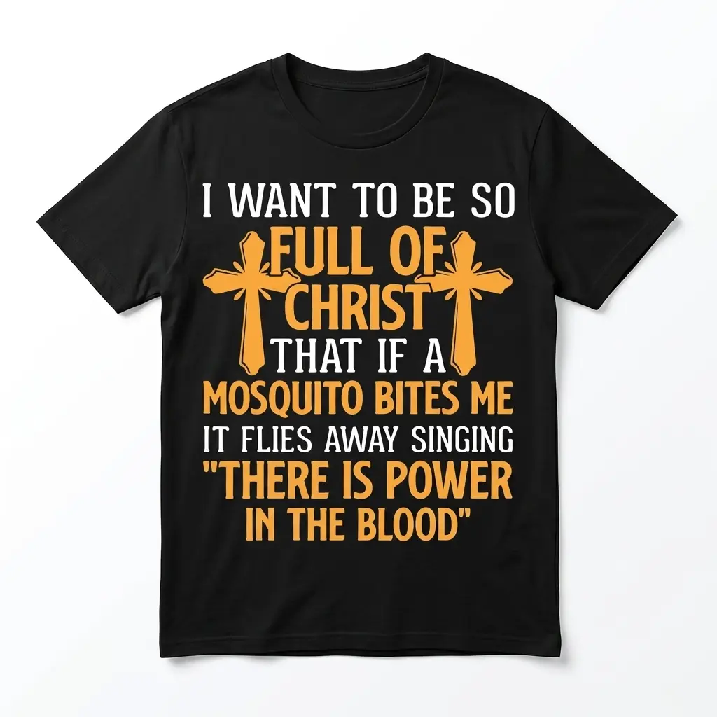 Black T-shirt with a humorous Christian quote featuring crosses.