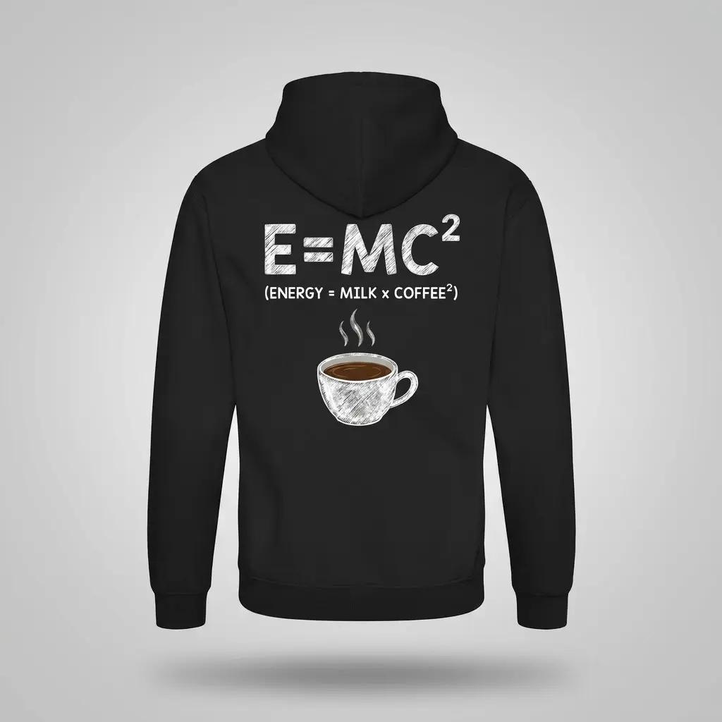 Funny Coffee Science Lover T-Shirt 2 Back flat lay of a black hoodie printed with the funny coffee science formula E=MC2 and a steaming mug.