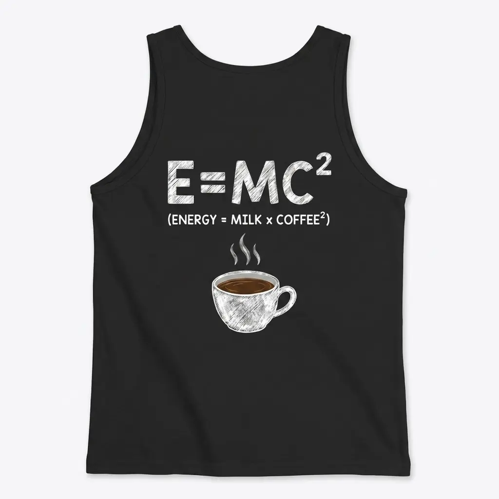 Funny Coffee Science Lover T-Shirt 3 Back of a black tank top featuring a chalk-sketch graphic of E=MC2 redefined as Energy equals Milk times Coffee squared.