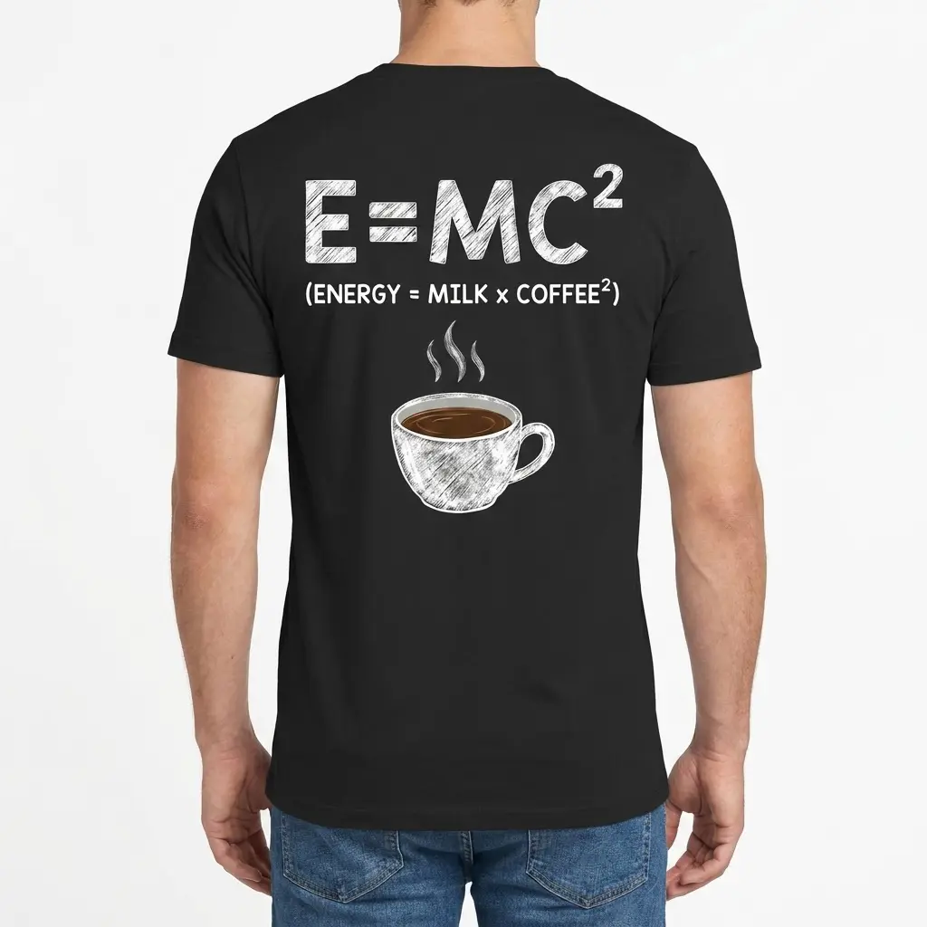 Funny Coffee Science Lover T-Shirt 4 Back view of a man wearing the black t-shirt showcasing the E=MC2 coffee energy formula print.