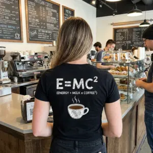 Funny Coffee Science Lover T-Shirt 10 Casual lifestyle shot displaying the back design of the funny coffee science t-shirt with the E=MC2 formula.