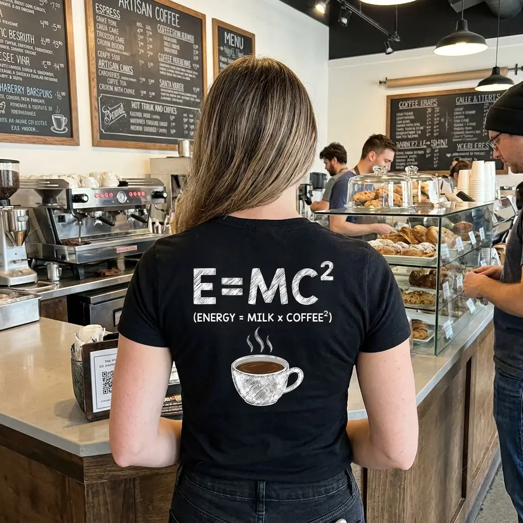 Funny Coffee Science Lover T-Shirt 5 Casual lifestyle shot displaying the back design of the funny coffee science t-shirt with the E=MC2 formula.