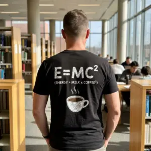 Funny Coffee Science Lover T-Shirt 11 Lifestyle view showing the back graphic print of the E=MC2 coffee parody equation with a hot coffee mug sketch.