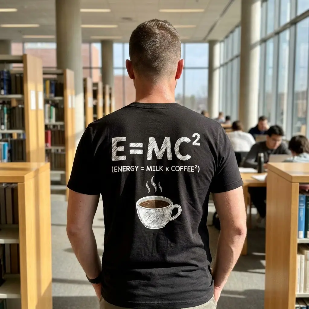 Funny Coffee Science Lover T-Shirt 6 Lifestyle view showing the back graphic print of the E=MC2 coffee parody equation with a hot coffee mug sketch.