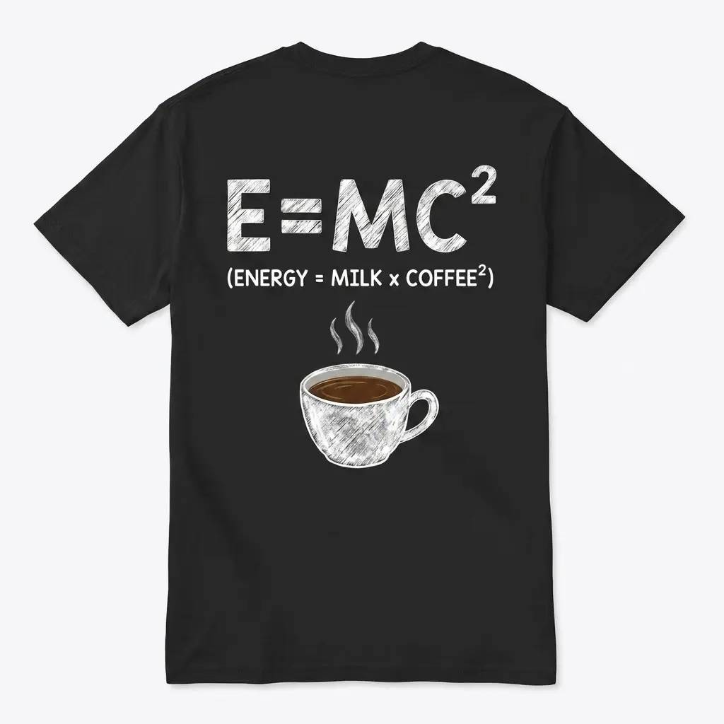 Funny Coffee Science Lover T-Shirt 1 Back flat lay of a black t-shirt featuring a chalk-style graphic reading E=MC2 (ENERGY = MILK x COFFEE2) with a steaming coffee cup.