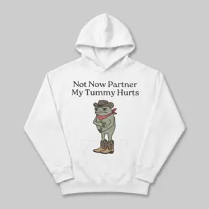 Funny Cowboy Frog Tummy Hurts Graphic T-Shirt 7 Front view of a humor shirt with cowboy frog graphic.