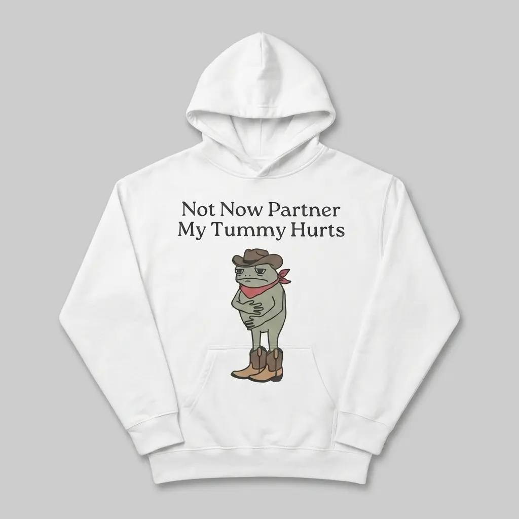 Funny Cowboy Frog Tummy Hurts Graphic T-Shirt 2 Front view of a humor shirt with cowboy frog graphic.