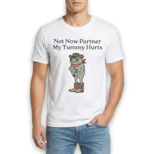 Funny Cowboy Frog Tummy Hurts Graphic T-Shirt 8 Graphic t-shirt with a cowboy frog and humorous text.