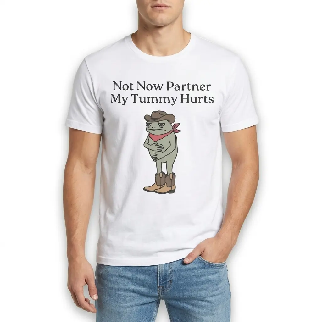 Funny Cowboy Frog Tummy Hurts Graphic T-Shirt 3 Graphic t-shirt with a cowboy frog and humorous text.