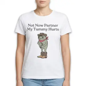 Funny Cowboy Frog Tummy Hurts Graphic T-Shirt 9 Funny cowboy frog design on a white shirt.