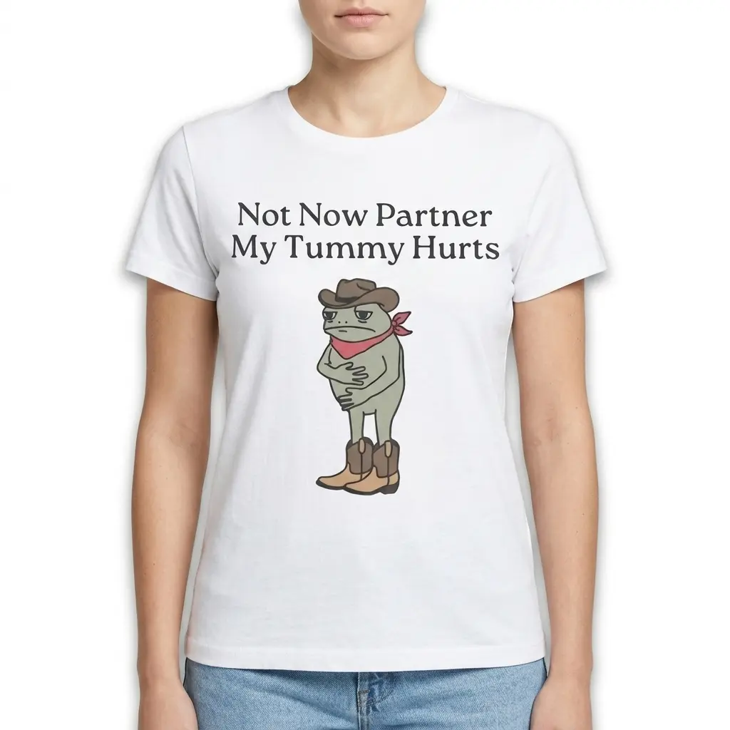 Funny Cowboy Frog Tummy Hurts Graphic T-Shirt 4 Funny cowboy frog design on a white shirt.