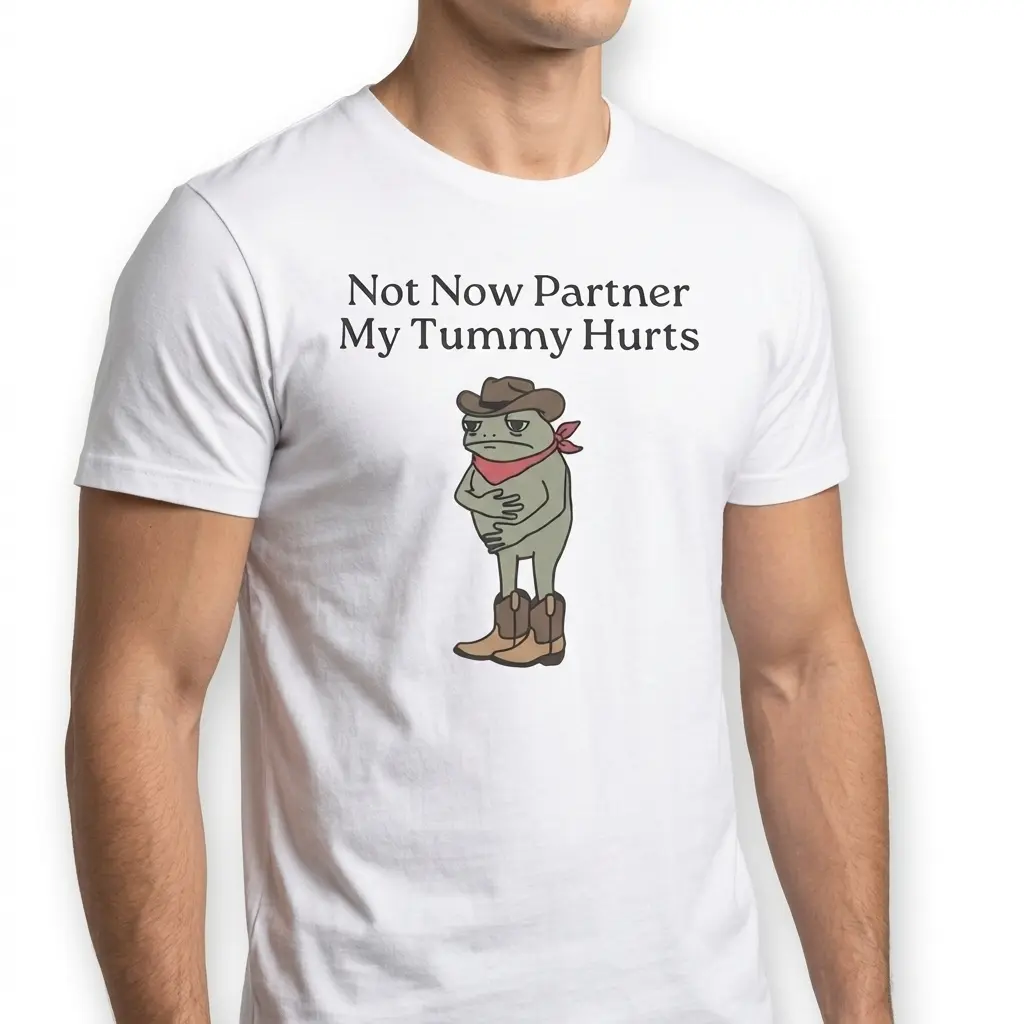 Funny Cowboy Frog Tummy Hurts Graphic T-Shirt 5 Cartoon cowboy frog with a tummy ache on a t-shirt.
