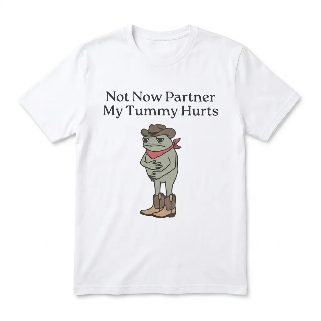 Funny Cowboy Frog Tummy Hurts Graphic T-Shirt 1 White shirt featuring a cartoon cowboy frog holding its tummy.