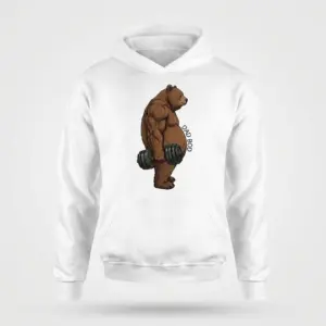 Funny Dad Bod Bear Lifting Tank Top 8 Front flat lay of a hoodie printed with the funny dad bod bear lifting a dumbbell graphic.