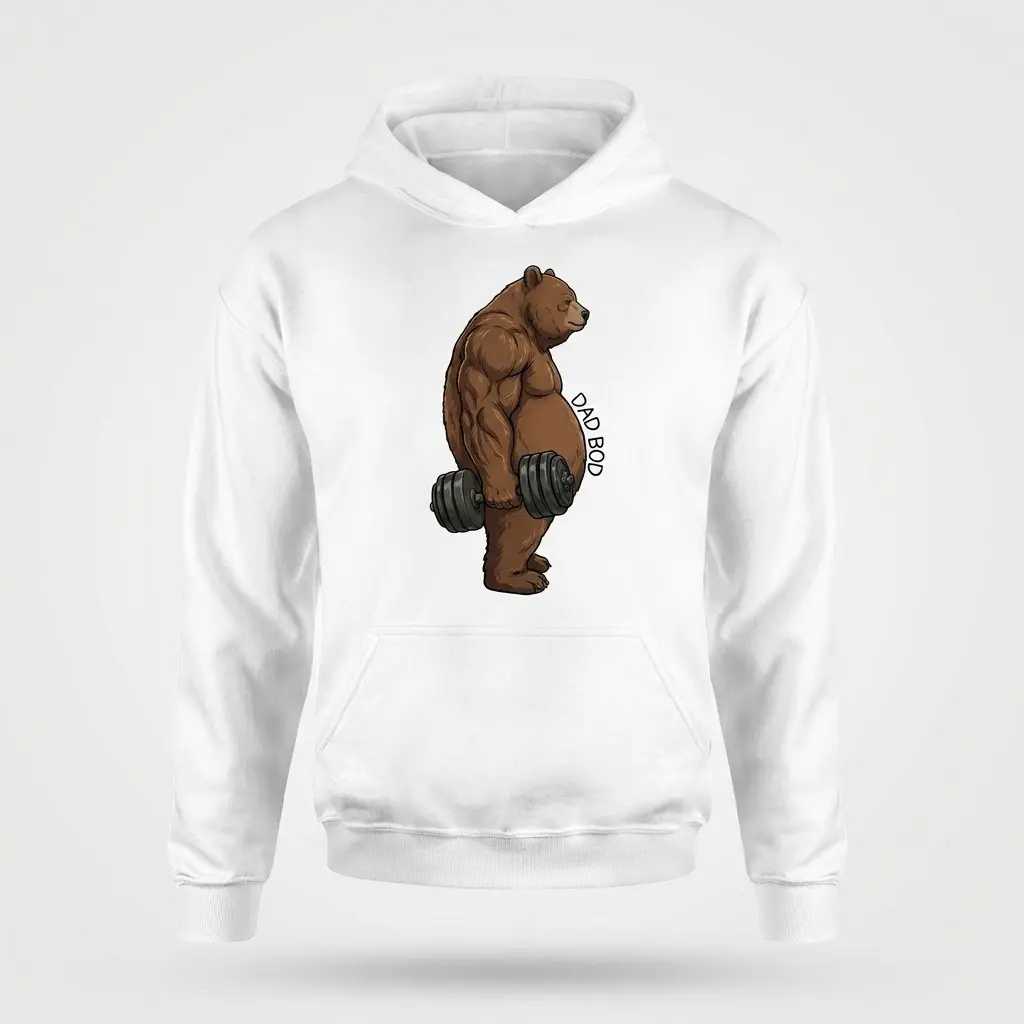 Funny Dad Bod Bear Lifting Tank Top 3 Front flat lay of a hoodie printed with the funny dad bod bear lifting a dumbbell graphic.