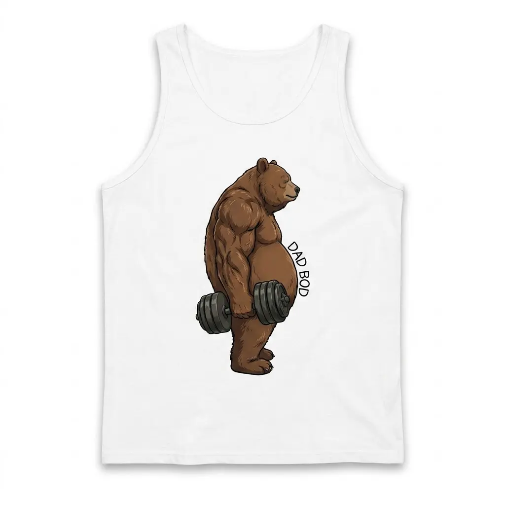 Funny Dad Bod Bear Lifting Tank Top 1 Front view flat lay of a tank top printed with a muscular brown bear lifting weights with DAD BOD text.