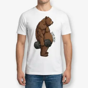 Funny Dad Bod Bear Lifting Tank Top 9 Man standing and wearing the white dad bod bear lifting graphic t-shirt from the front.