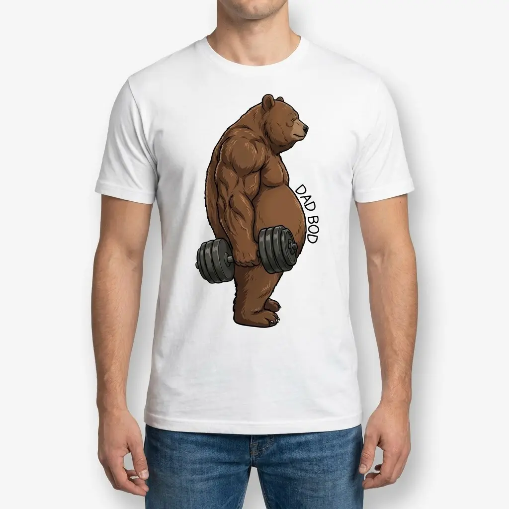 Funny Dad Bod Bear Lifting Tank Top 4 Man standing and wearing the white dad bod bear lifting graphic t-shirt from the front.