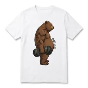 Funny Dad Bod Bear Lifting Tank Top 7 Flat lay front view of a white t-shirt featuring a muscular bear with a round belly holding a dumbbell and the text DAD BOD.