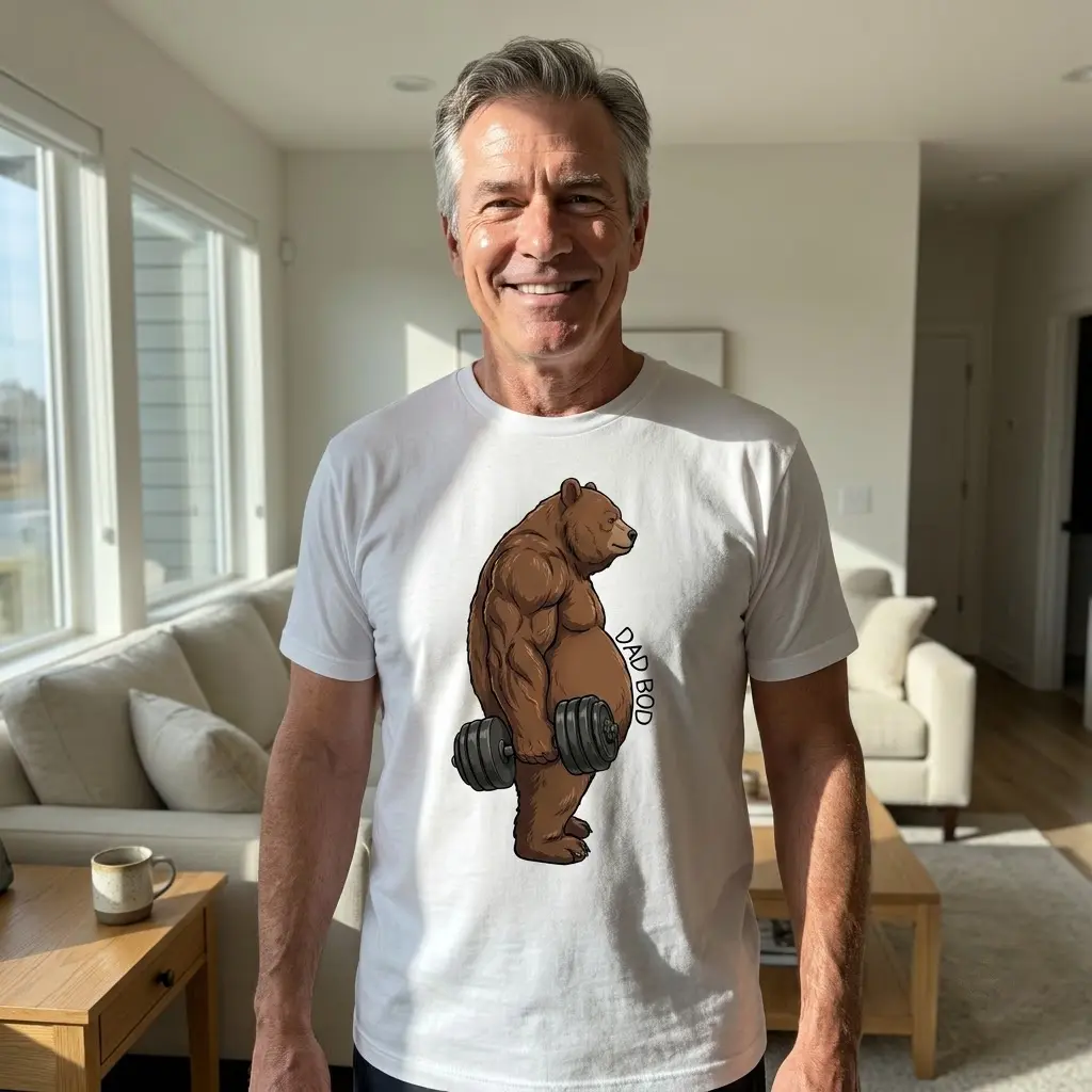 Funny Dad Bod Bear Lifting Tank Top 5 Casual lifestyle view showcasing the dad bod bear lifting graphic apparel in everyday wear.