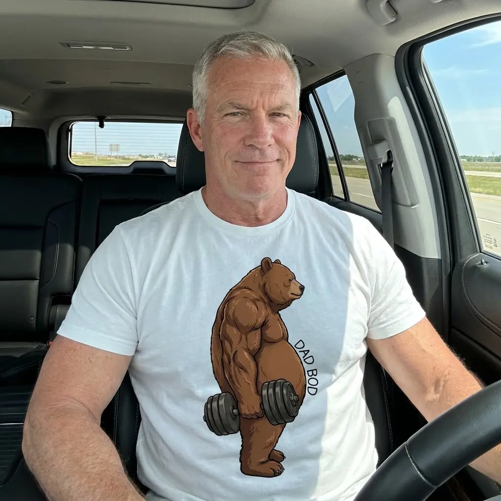 Funny Dad Bod Bear Lifting Tank Top 6 Close-up lifestyle view highlighting the printed graphic of a muscular bear with a belly holding a dumbbell.