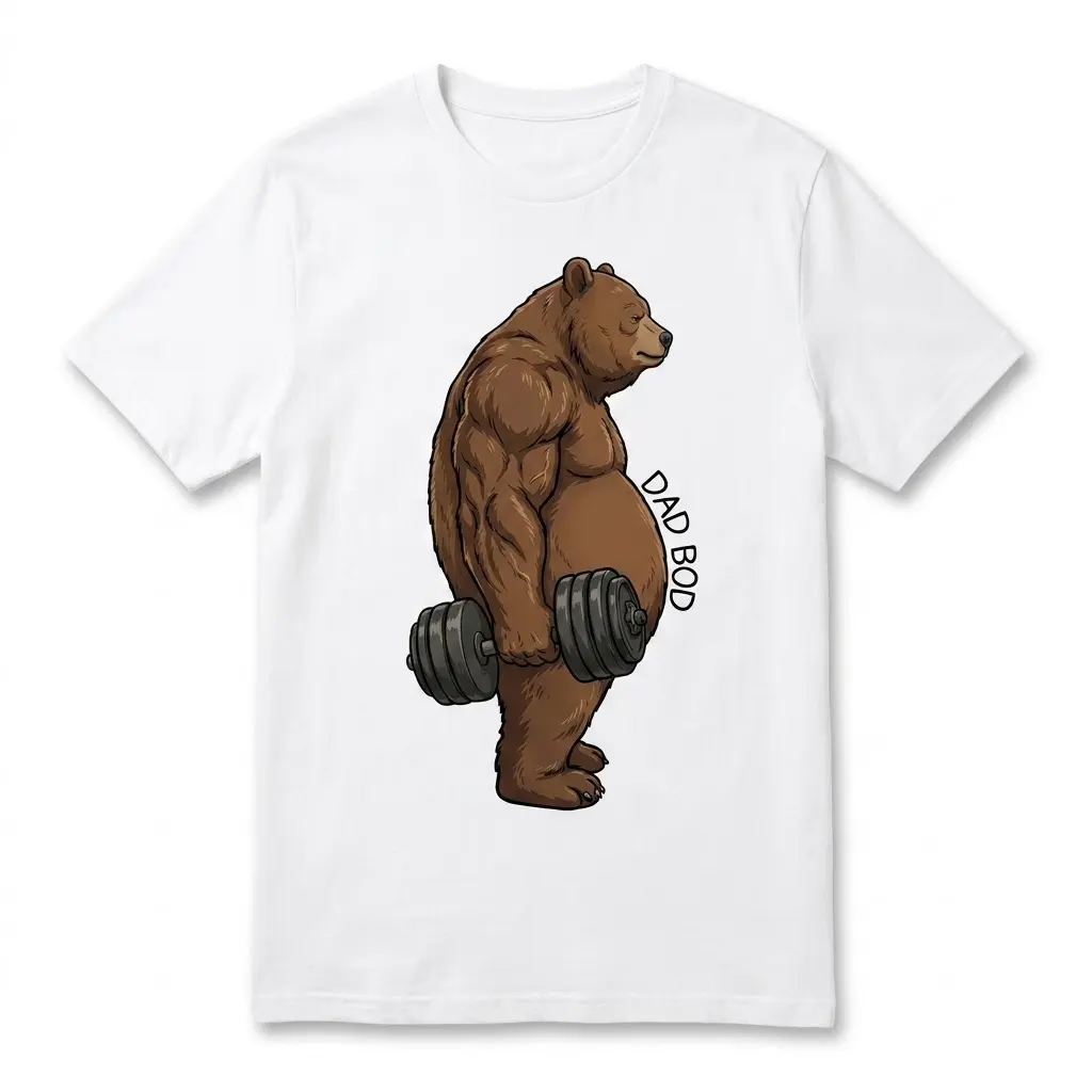 Funny Dad Bod Bear Lifting Tank Top 2 Flat lay front view of a white t-shirt featuring a muscular bear with a round belly holding a dumbbell and the text DAD BOD.