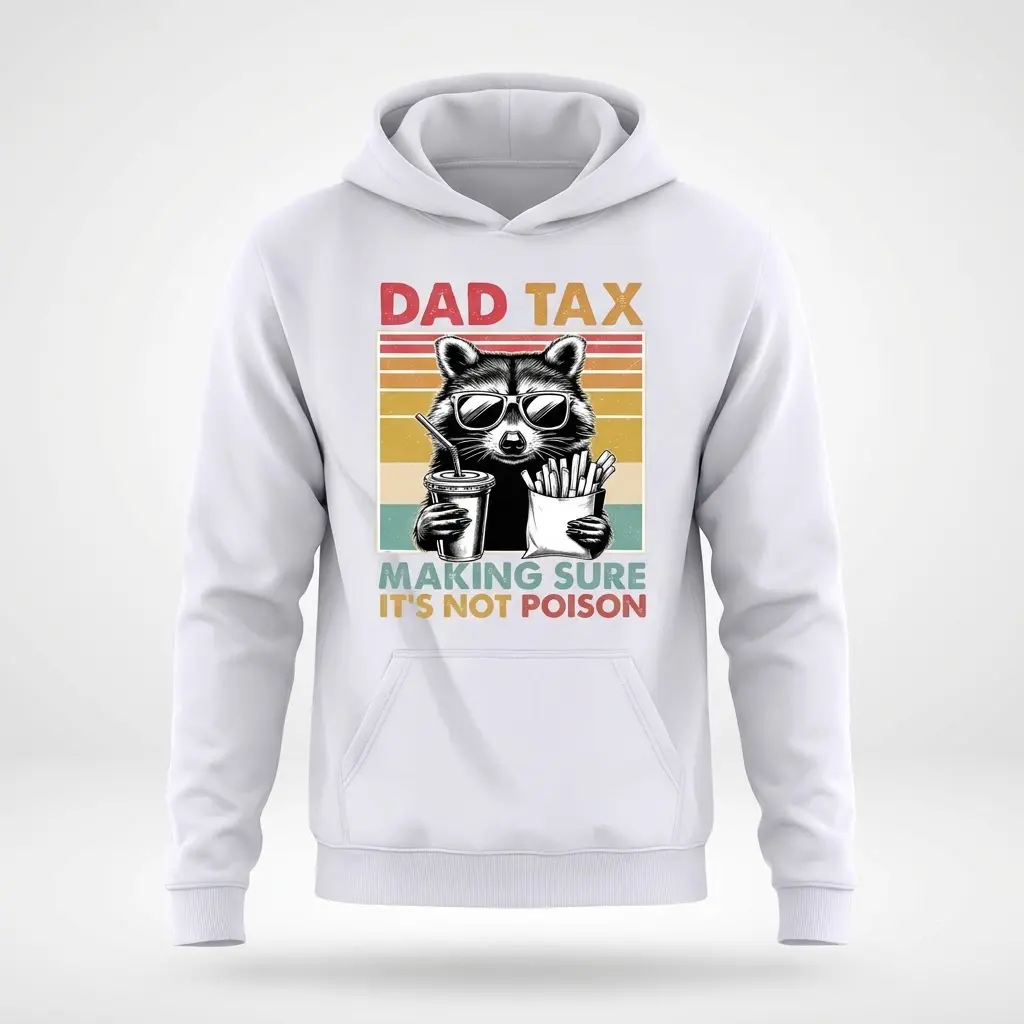 Funny Dad Tax Raccoon Vintage Graphic T-Shirt 2 Front flat lay of a white hoodie featuring the funny dad tax graphic with a cool raccoon on a vintage sunset background.