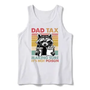 Funny Dad Tax Raccoon Vintage Graphic T-Shirt 8 Flat lay of a white tank top displaying the vintage raccoon design with the humorous dad tax text.