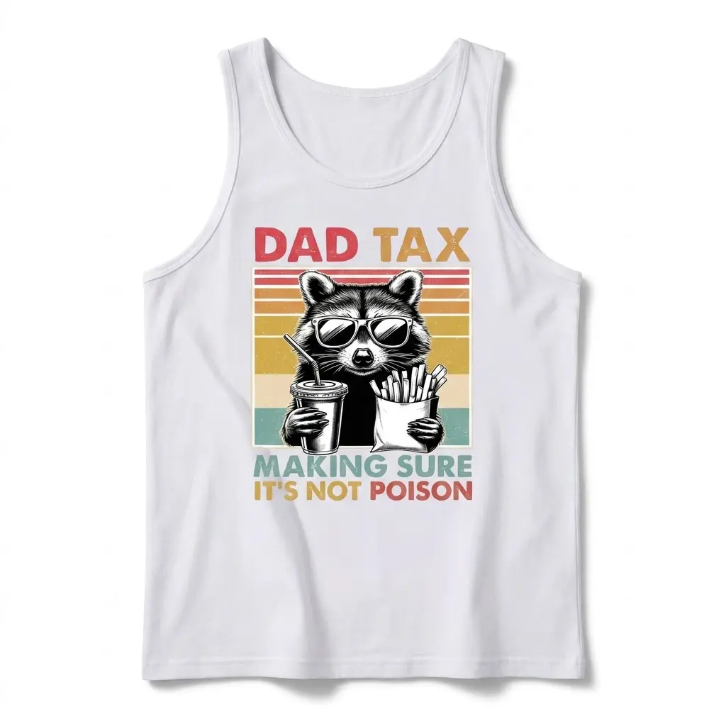 Funny Dad Tax Raccoon Vintage Graphic T-Shirt 3 Flat lay of a white tank top displaying the vintage raccoon design with the humorous dad tax text.