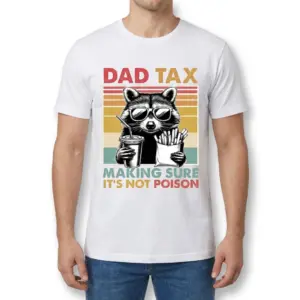 Funny Dad Tax Raccoon Vintage Graphic T-Shirt 9 A man wearing the white funny dad tax shirt, showing the retro raccoon design on the chest.