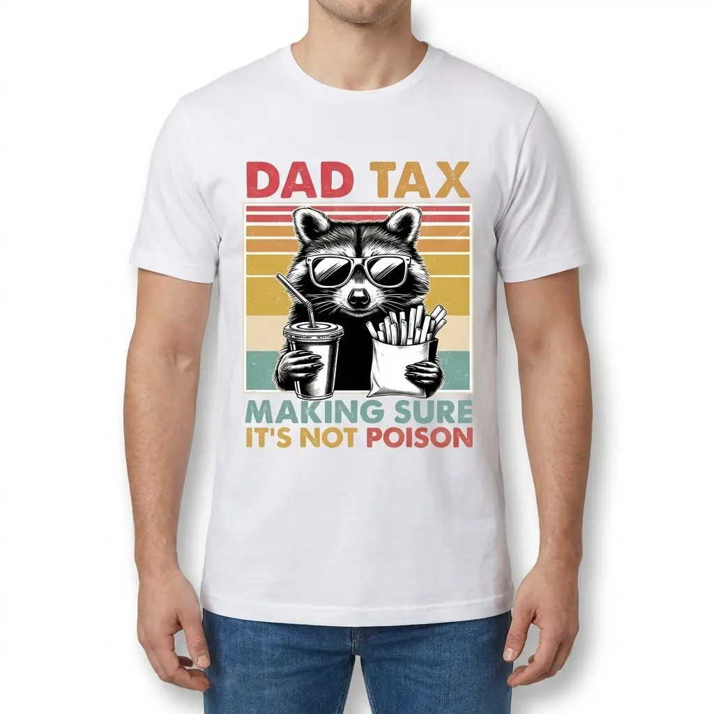 Funny Dad Tax Raccoon Vintage Graphic T-Shirt 4 A man wearing the white funny dad tax shirt, showing the retro raccoon design on the chest.