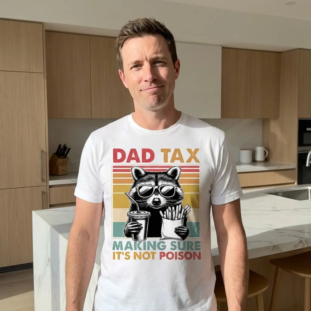 Funny Dad Tax Raccoon Vintage Graphic T-Shirt 5 A white graphic t-shirt featuring the retro raccoon and the words Dad Tax, styled casually in a lifestyle setting.