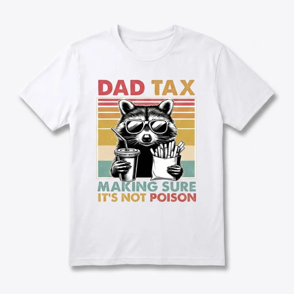 Funny Dad Tax Raccoon Vintage Graphic T-Shirt 1 Flat lay of a white t-shirt featuring a retro raccoon in sunglasses with the text Dad Tax: Making Sure It's Not Poison.