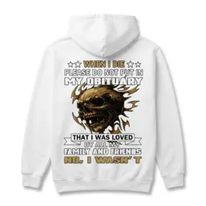 Funny Dark Humor Obituary Skull Graphic T-Shirt 7 Front centered view of skull graphic shirt on flat surface.
