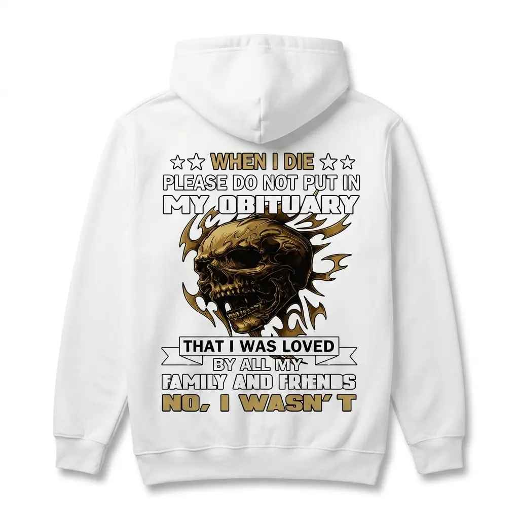 Funny Dark Humor Obituary Skull Graphic T-Shirt 2 Front centered view of skull graphic shirt on flat surface.