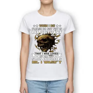Funny Dark Humor Obituary Skull Graphic T-Shirt 9 Angled side view of skull design humor shirt.