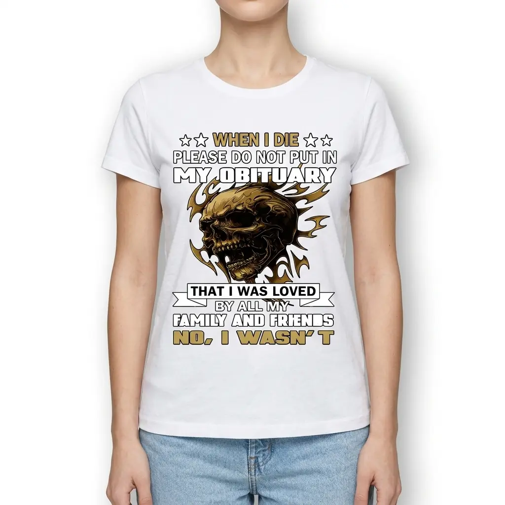 Funny Dark Humor Obituary Skull Graphic T-Shirt 4 Angled side view of skull design humor shirt.
