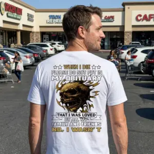 Funny Dark Humor Obituary Skull Graphic T-Shirt 11 Person wearing skull graphic shirt in a casual setting.