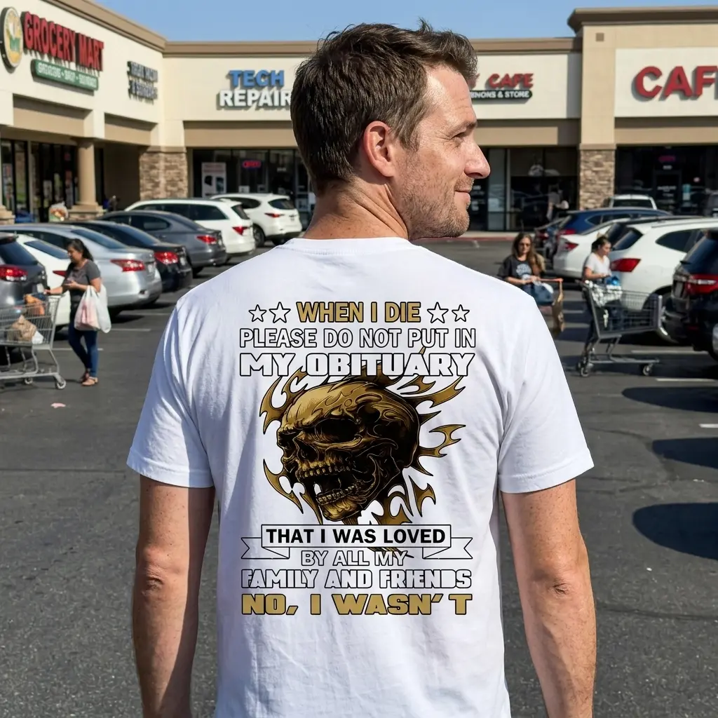 Funny Dark Humor Obituary Skull Graphic T-Shirt 6 Person wearing skull graphic shirt in a casual setting.
