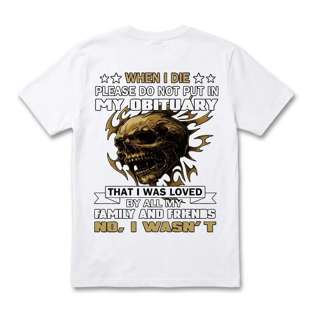 Funny Dark Humor Obituary Skull Graphic T-Shirt 1 Back view of white shirt with dark humor skull design and text.