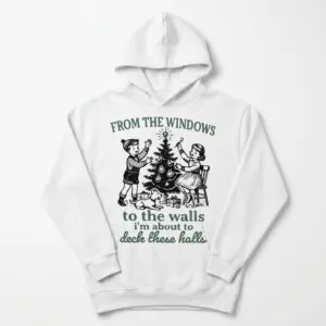 Funny Deck The Halls Retro Christmas T-Shirt 7 Front view of funny 'Deck The Halls' retro Christmas T-shirt.