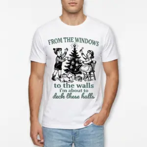 Funny Deck The Halls Retro Christmas T-Shirt 8 Close-up of the humorous vintage Christmas design on the T-shirt.
