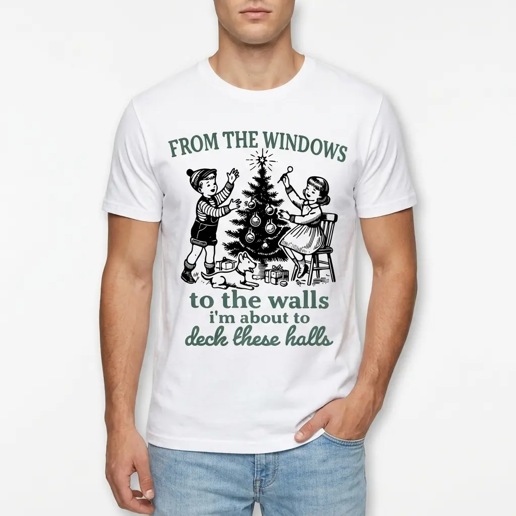 Funny Deck The Halls Retro Christmas T-Shirt 3 Close-up of the humorous vintage Christmas design on the T-shirt.
