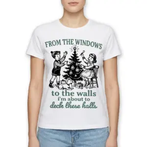 Funny Deck The Halls Retro Christmas T-Shirt 9 Detailed view of retro-themed Christmas shirt design.